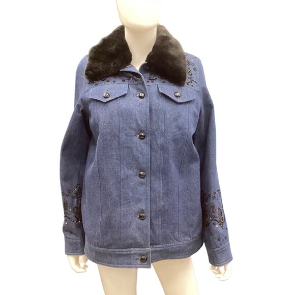 Vintage Dennis Basso Women’s Denim Coat Size M Faux Fur Removable Lining Beaded